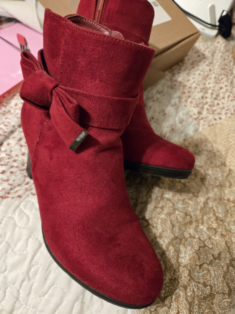 Women's Red Suede Ankle Boots with Bow Accent